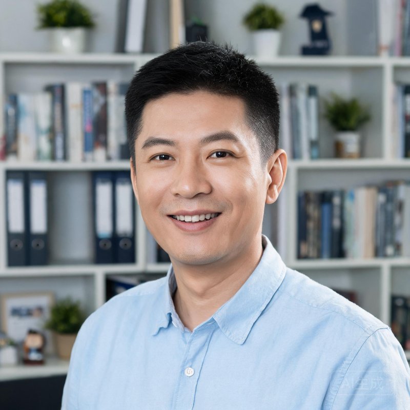 创始人李明，30多岁男性，穿着休闲衬衫，面带自信微笑，背景是办公室书架