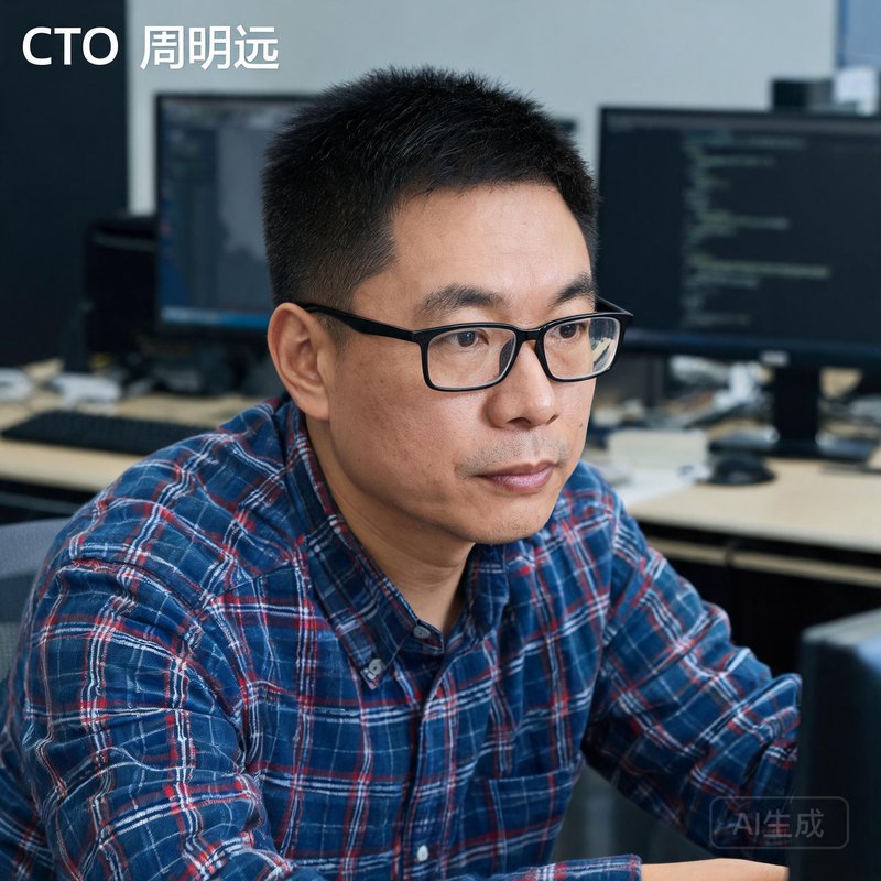CTO周明远，40岁男性，戴眼镜，神情专注，穿着程序员风格的格子衬衫