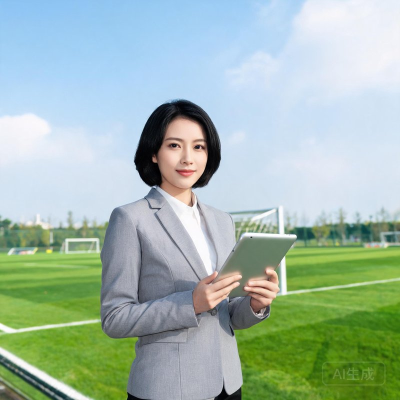 内容总监王蕾，28岁女性，干练短发，拿着平板电脑，背景是绿茵场