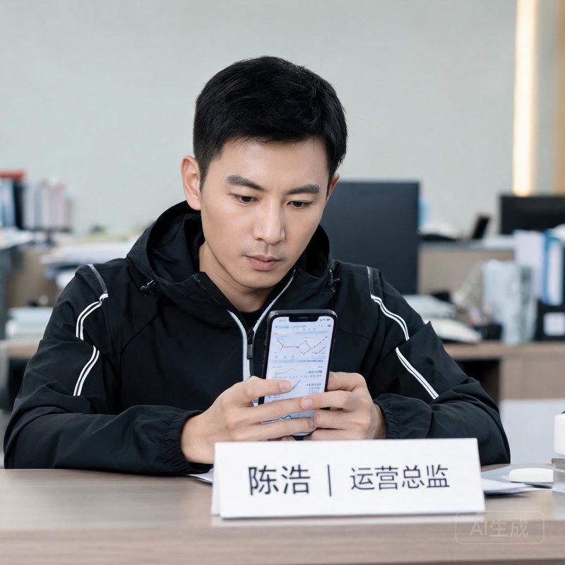 运营总监陈浩，32岁男性，穿着运动外套，正在看手机上的数据